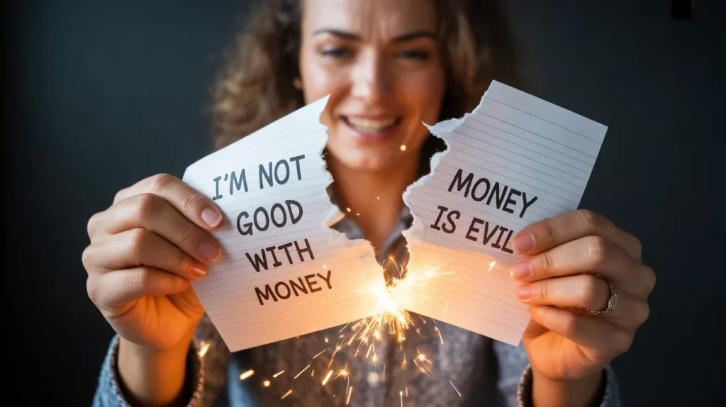 A smiling woman tears up papers that say “I’m not good with money” and “Money is evil,” representing releasing limiting beliefs in a money mindset article on YourselfLoveHub.com.