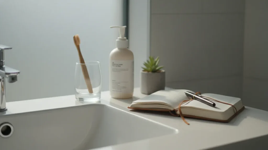 how to make a self care routine stick bathroom sink scene with toothbrush skincare and open journal showing stacked habits