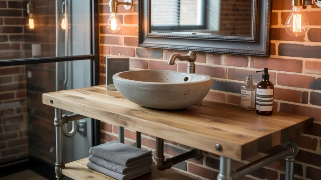Industrial bathroom with metal pipe vanity base, thick reclaimed wood top, concrete vessel sink, exposed copper plumbing and brick wall backdrop