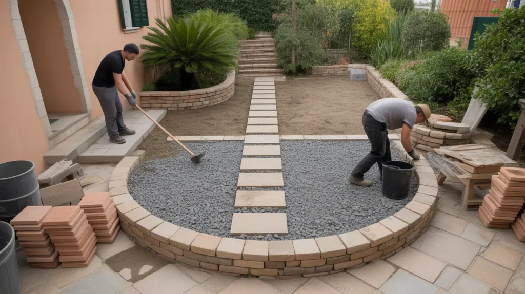 Two landscapers building a circular gravel patio with pavers, showing practical Mediterranean Garden Ideas with hardscaping.