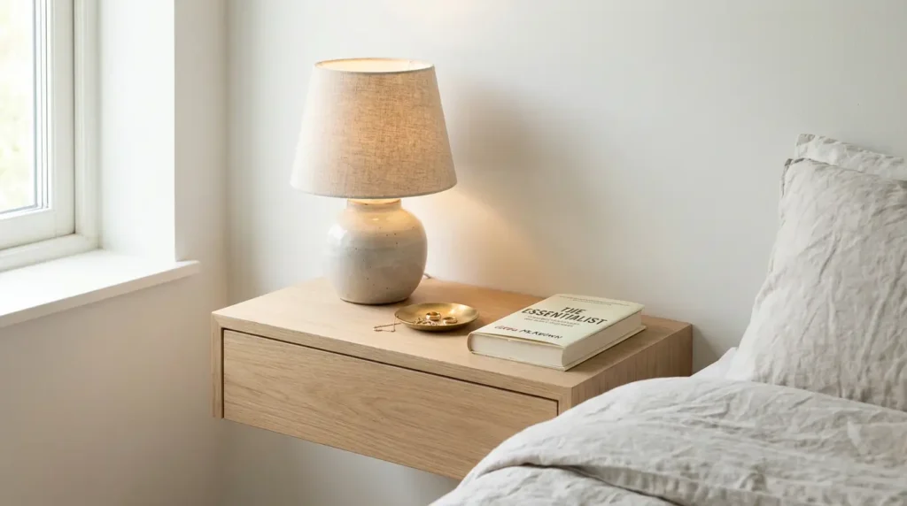 Minimal nightstand styling reflecting small bedroom ideas that make your room feel bigger through negative space
