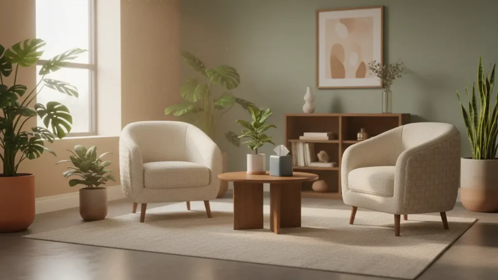 YourselfLoveHub warm, calming therapy space with soft light, plants, and supportive atmosphere.