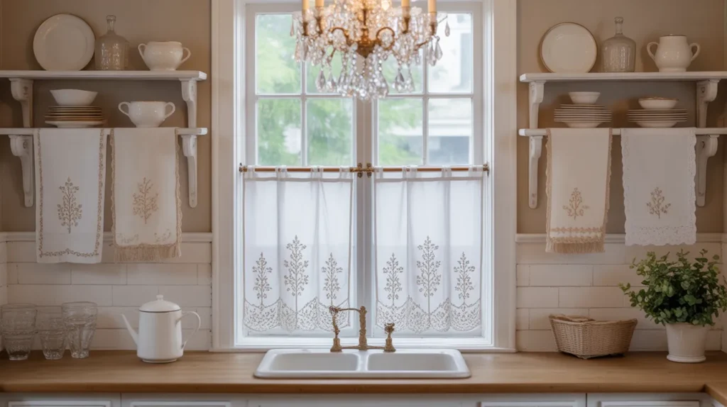 Vintage lace curtains and embroidered linens in French country kitchen