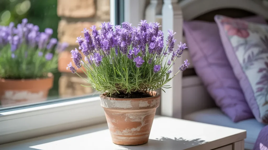 Lavender plant in bedroom window for better sleep and stress relief"