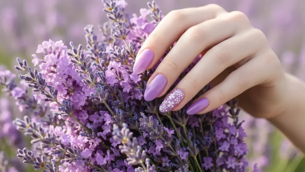 Lilac jelly nails with tiny white floral accents on a hand touching a lavender bouquet.