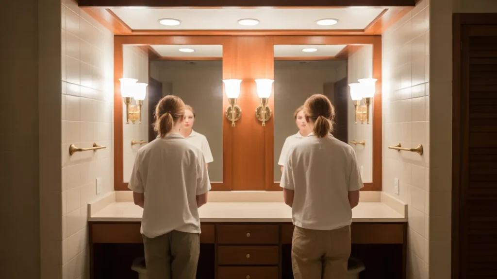 Bathroom vanity with two brass sconces flanking a mirror, recessed ceiling light above and warm even illumination on wood vanity and countertop