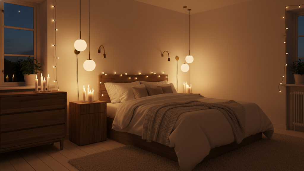 yourselflovehub.com cozy Scandinavian bedroom lighting with warm pendants, brass sconces, candles, and a soft hygge glow