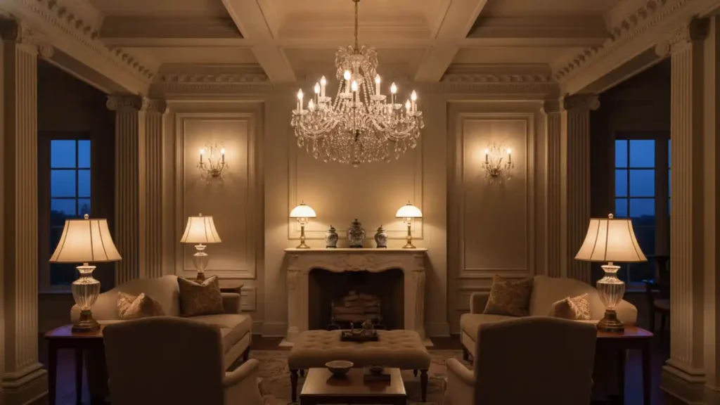 Neoclassical living room at dusk with crystal chandelier, wall sconces and table lamps creating layered warm lighting.