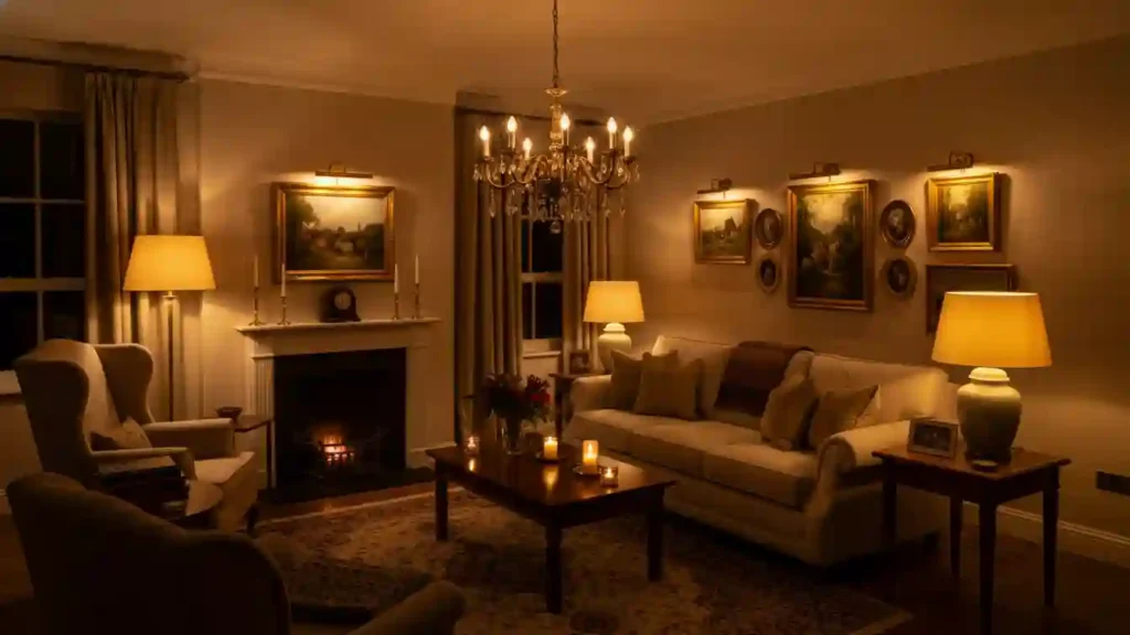 Layered lighting in colorful living room styled by Yourself Love Hub for cozy evening vibes