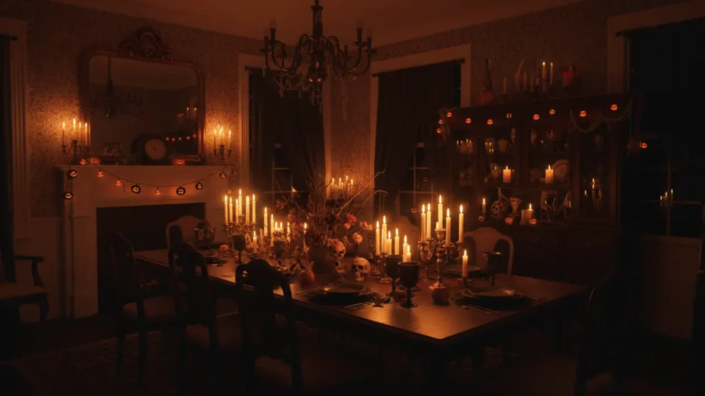 yourselflovehub.com candlelit dining room with warm string lights and dramatic shadows for Halloween ambiance.