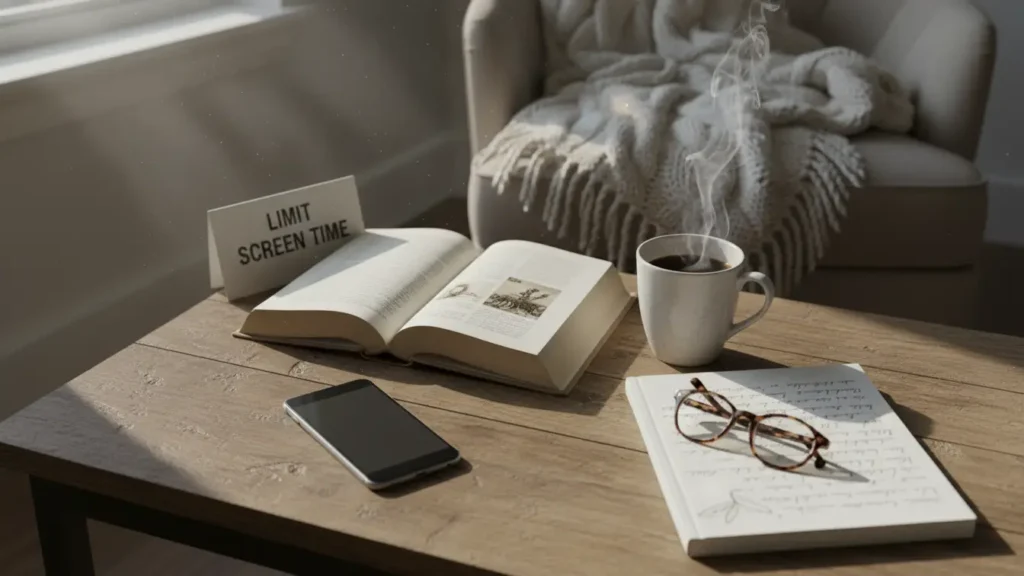 Phone face-down beside book and journal showing ways to beat the winter blues by reducing screen time and unwinding.