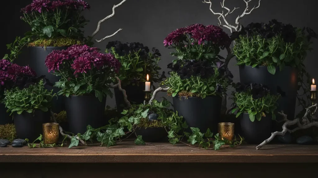 yourselflovehub.com living Halloween centerpiece with dark mums, black petunias, trailing ivy, and soft candlelight.