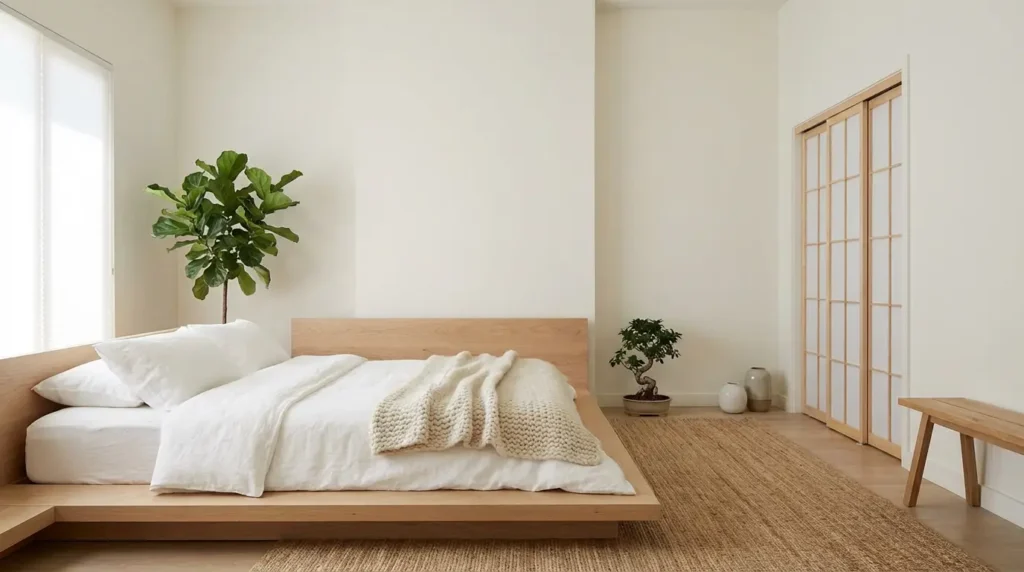 Low-profile bed styling inspired by yourselflovehub.com to create height and openness in small bedrooms