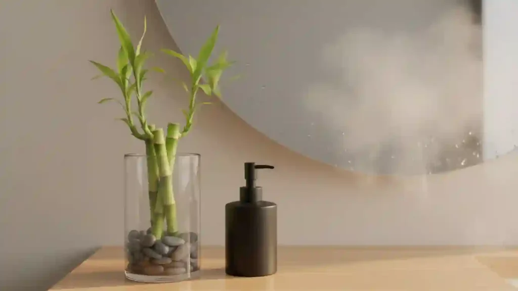 lucky bamboo stalks growing in water on a bathroom sink with pebbles in a glass vase featured styling on yourselflovehub.com