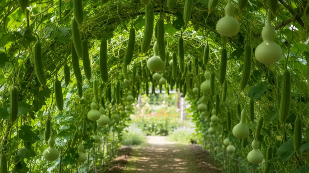 Easy vegetables that grow on a trellis luffa gourds dangling from arch