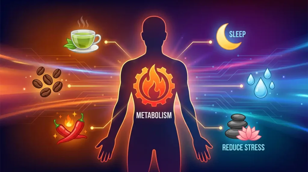 Conceptual illustration of a glowing metabolism surrounded by boosters like green tea, chili, sleep, and hydration for a science-backed article on YourselfLoveHub.com.