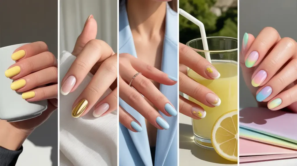 Collage of five minimalist spring manicures including butter yellow nails, milky soap nails with gold accent, baby blue micro French, clear jelly nails with lemons and pastel ombre rainbow nails.
