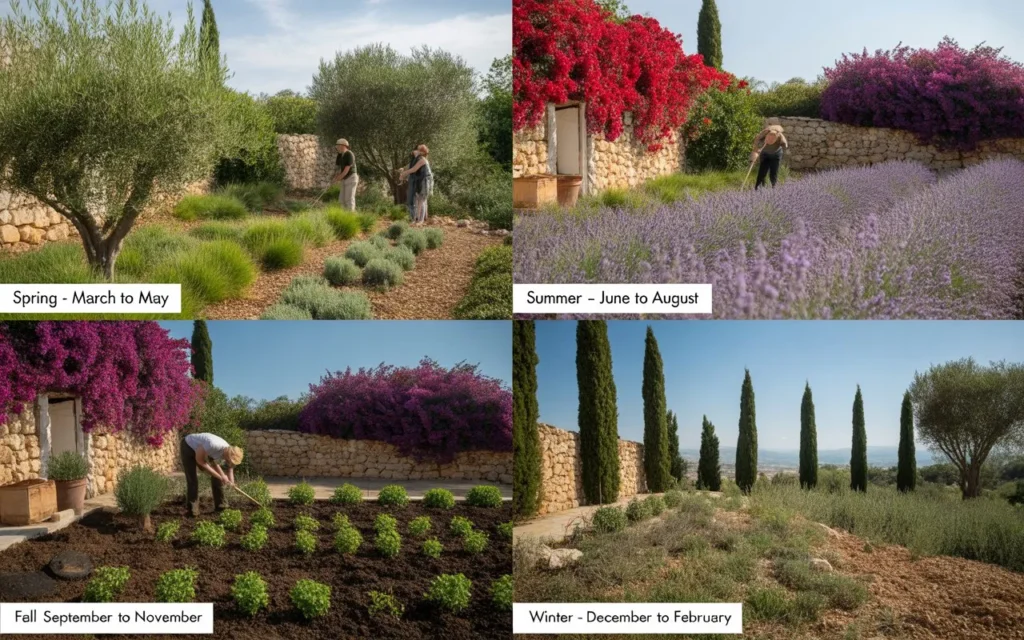 Seasonal collage of people tending olive trees, lavender, and shrubs in a Mediterranean garden on yourselflovehub.com.