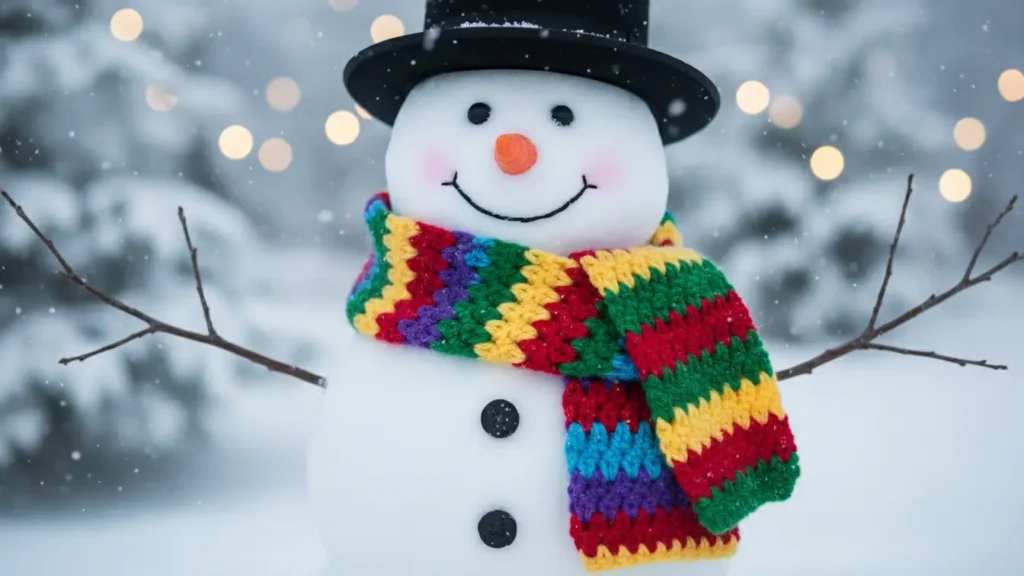 YourselfLoveHub crochet scarf accessory wrapped around a snowman for cozy handmade winter style.