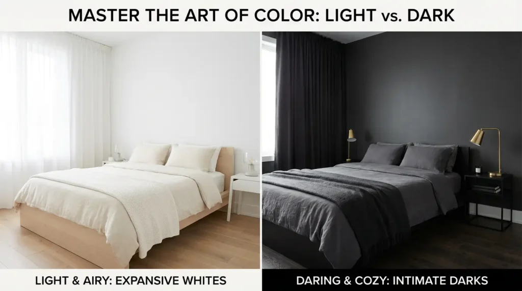 Color comparison demonstrating small bedroom ideas that make your room feel bigger using light and dark palettes