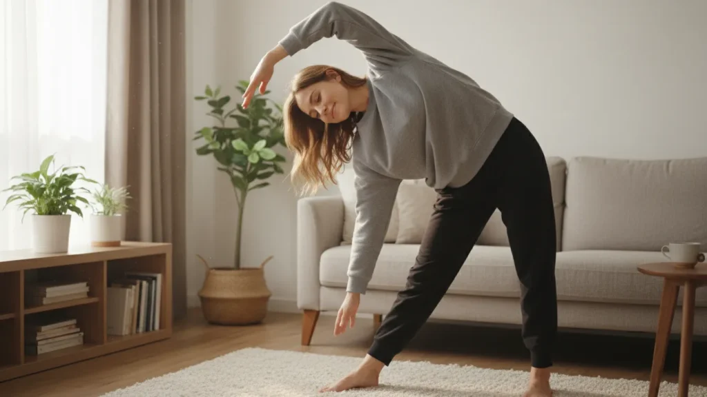 how to make a self care routine stick woman stretching in simple living room in comfy clothes staying consistent with small actions