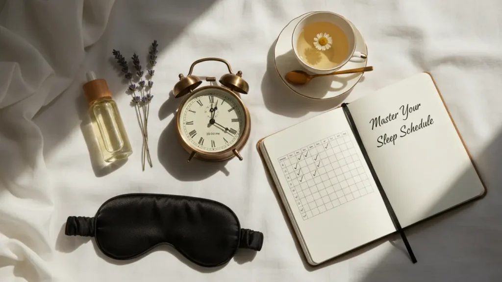YourselfLoveHub sleep routine flat lay with journal, tea, and cozy bedtime essentials.