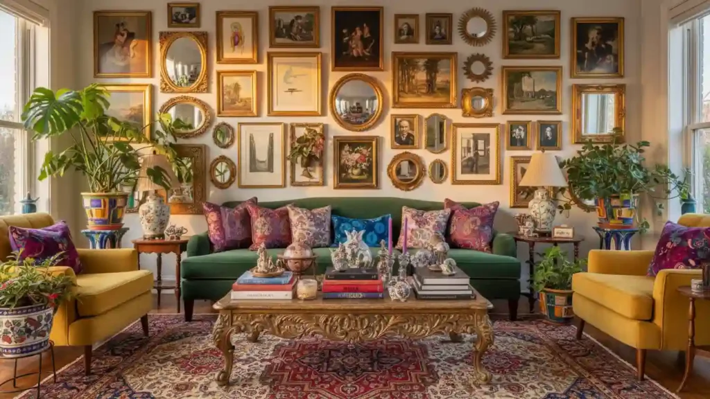 Bold jewel toned sofa and gallery wall showing maximalist living room decor ideas in full color