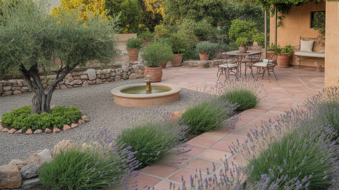 Classic courtyard with olive tree, gravel, central fountain, and terracotta terrace as hero shot for Mediterranean Garden Ideas.