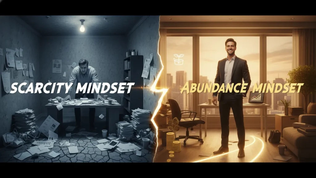 Split-screen image showing a stressed man in a cluttered office labeled “scarcity mindset” on one side and a confident professional in a bright office labeled “abundance mindset” on the other, illustrating the shift needed for a Money Mindset to Attract More Money Fast Transform Your Financial Future Today.