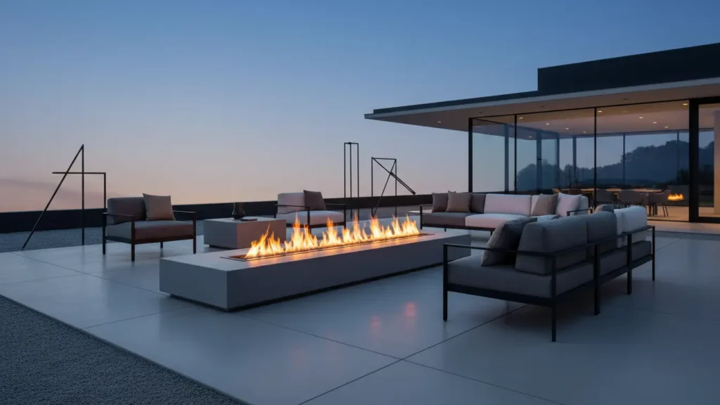 Outdoor Fireplace and Firepit Design Ideas featuring a minimalist linear fire pit on a concrete patio at twilight