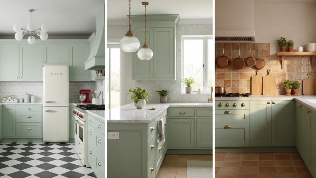 A collage of mint green kitchens, including a retro checkerboard-floor design, a soft marble-counter version and a warm terracotta-tile look, created as fresh color inspiration for yourselflovehub.com.