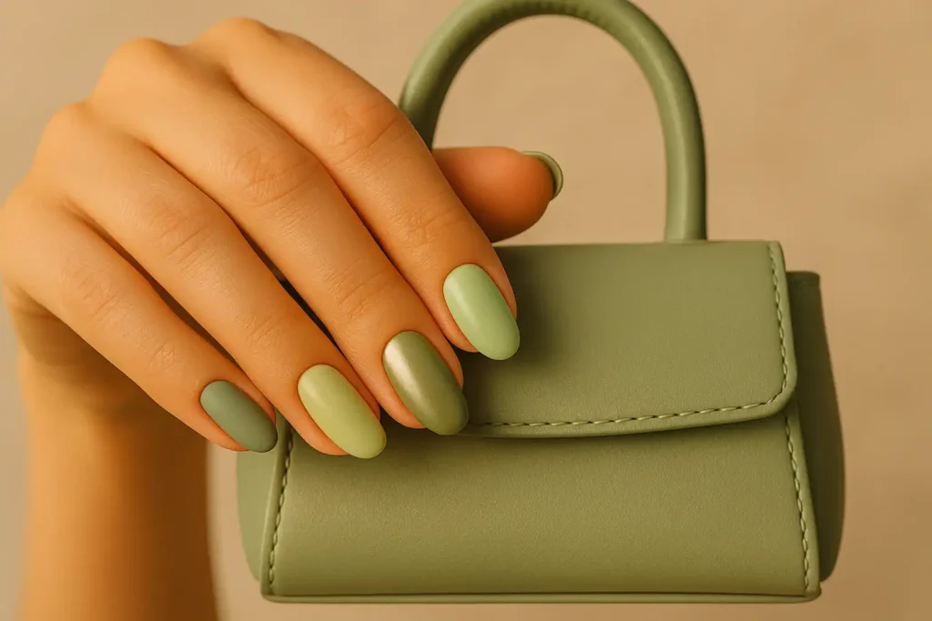 Hand holding a small green handbag with mixed mint, pistachio and sage green nails, matte and chrome.