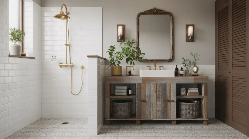 Bathroom with rustic reclaimed wood vanity, modern geometric tile floor, contemporary brass fixtures and traditional framed mirror styled with plants and baskets