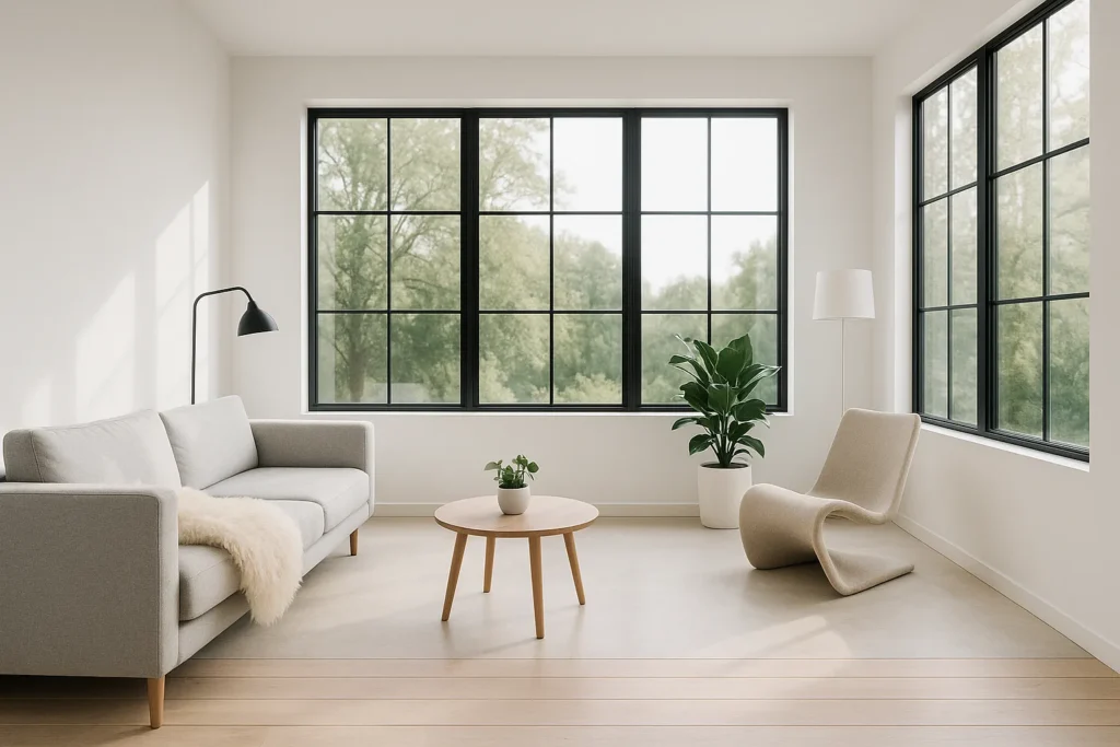 Sleek minimalist sunroom with white walls, black-framed windows, gray daybed and a single statement plant, inspiring clean gorgeous sunroom ideas.