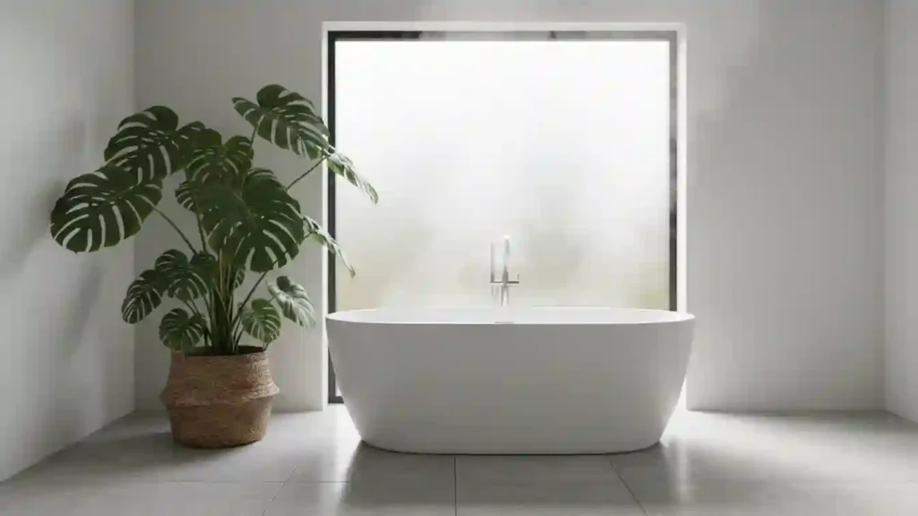 large monstera with dramatic split leaves placed near a freestanding tub giving bold tropical energy on yourselflovehub.com