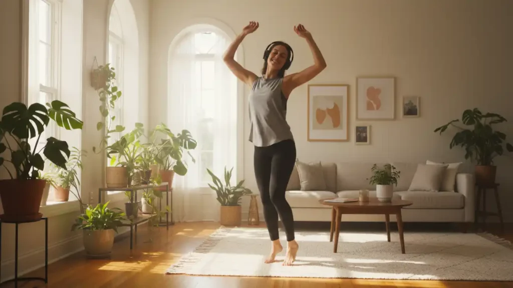 Woman dancing freely in her living room with sunlight streaming in to illustrate joyful movement and emotional release for a wellness piece on YourselfLoveHub.com