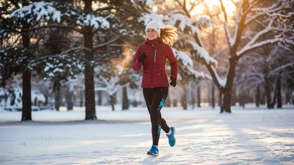 Woman jogging in snowy park as one of the ways to beat the winter blues through movement and winter exercise.