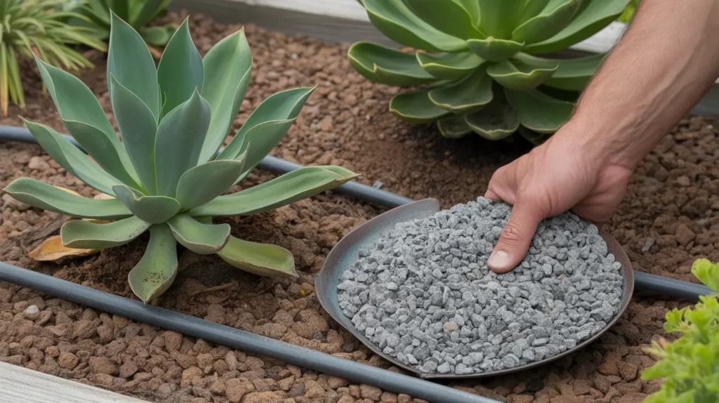 Hand spreading gravel mulch around agave and succulents with drip lines, easy-care Mediterranean Garden Ideas in action.