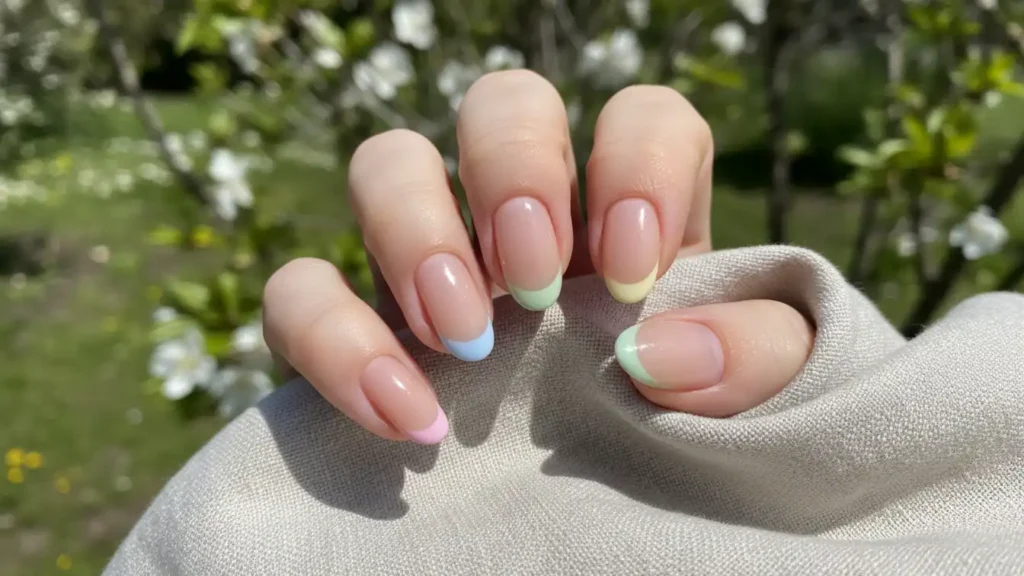 Short almond nails with ultra-thin pastel rainbow French tips on a sheer nude base.