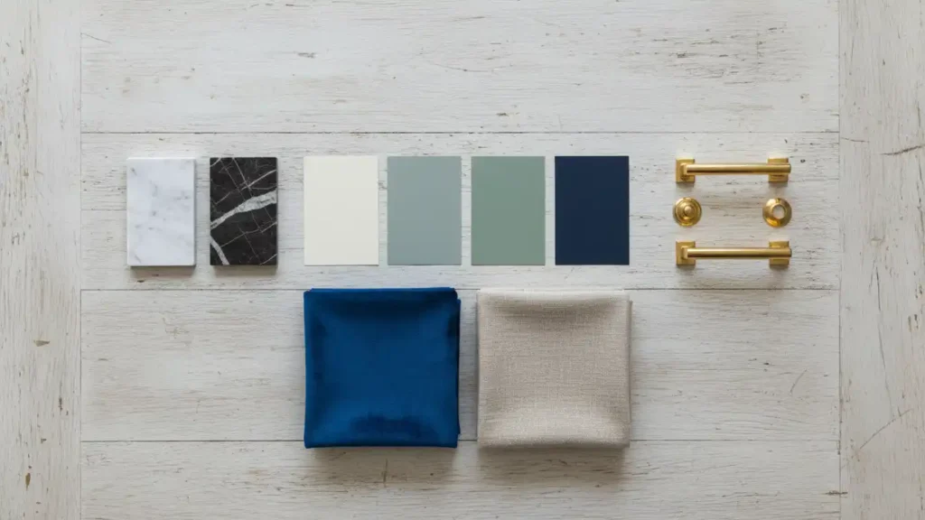 Flat lay of neoclassical color palette with neutral and soft color paint swatches, marble samples, brass hardware and velvet and linen fabrics
