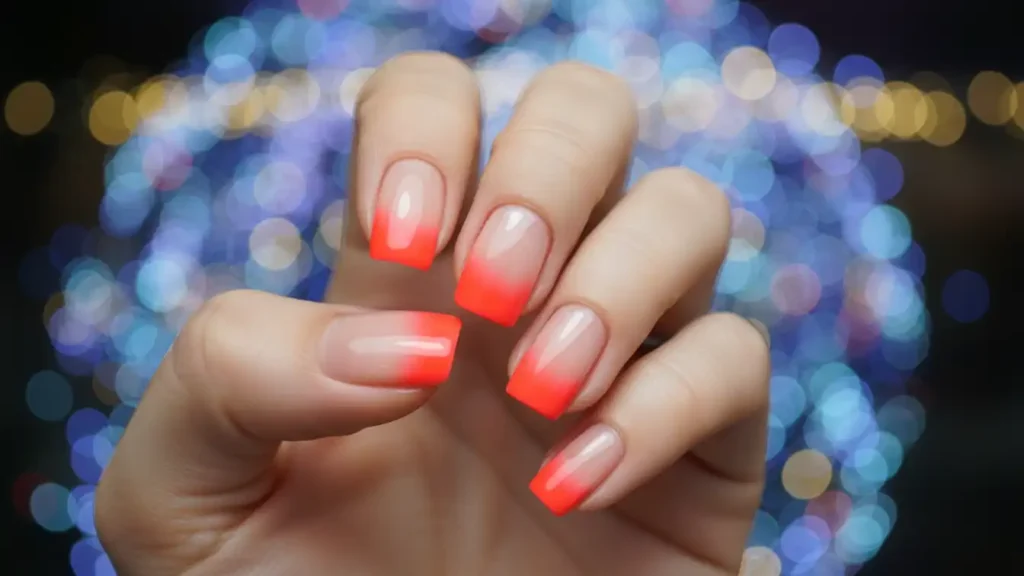 Short square nude nails with neon cherry red and orange gradient accent nails.