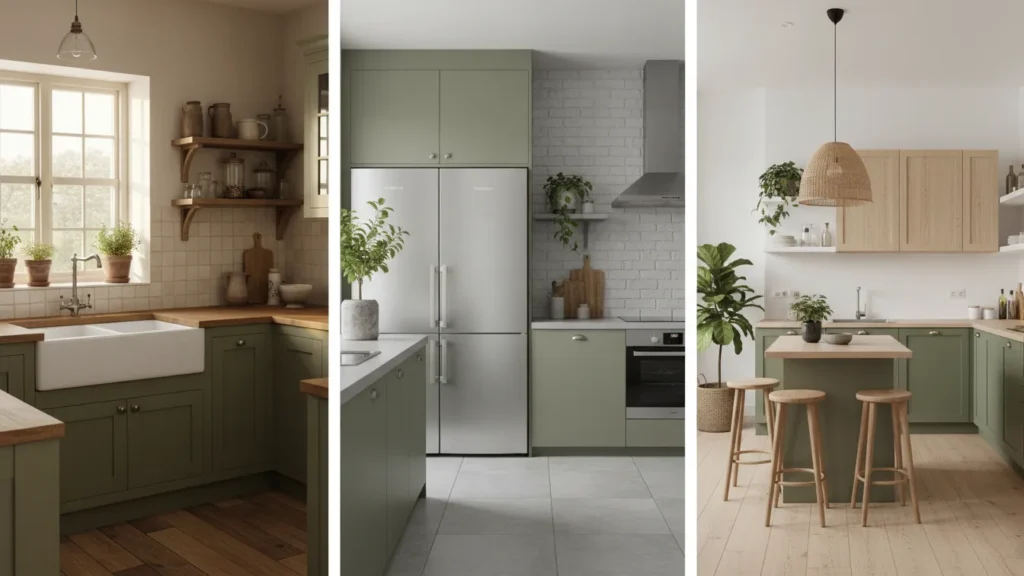 A collage of olive green kitchens blending cottage charm, modern flat-panel cabinets and Scandinavian wood accents, offering earthy design ideas shared on yourselflovehub.com.