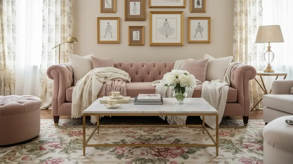 Yourself Love Hub coquette living room with velvet sofa floral rug and gold frames