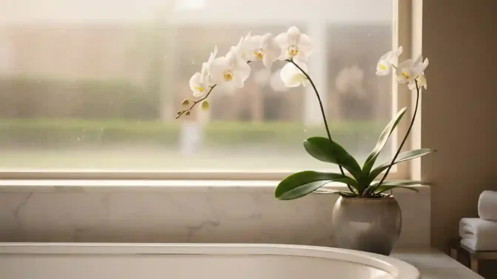 white orchid in a simple pot on a bathroom windowsill with soft steam in the background styled elegantly on yourselflovehub.com