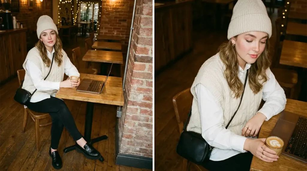 Oversized Shirt Outfit Ideas: Cozy coffee shop outfit with oversized shirt under sweater vest, black jeans, loafers, and beanie