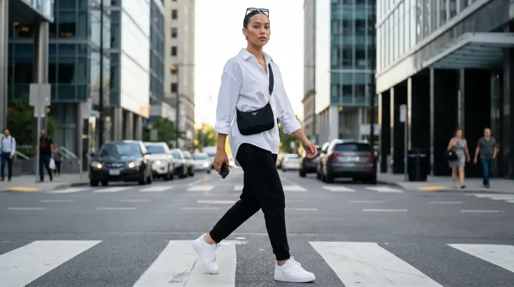 yourselflovehub.com outfit idea: Downtown street style with oversized white shirt French tuck and black joggers with chunky sneakers