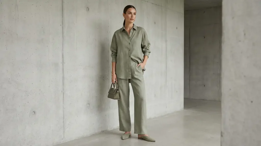 yourselflovehub.com outfit idea: Monochrome sage linen oversized shirt with matching wide-leg pants and tonal accessories
