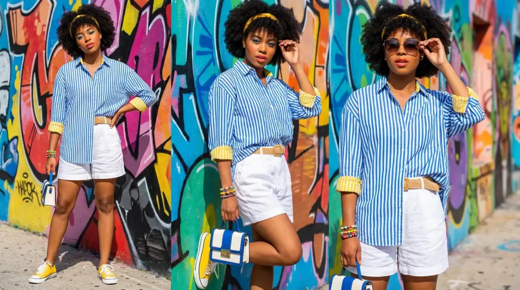 yourselflovehub.com outfit idea: Bold striped oversized shirt with white linen shorts, colorful accessories, and street art backdrop