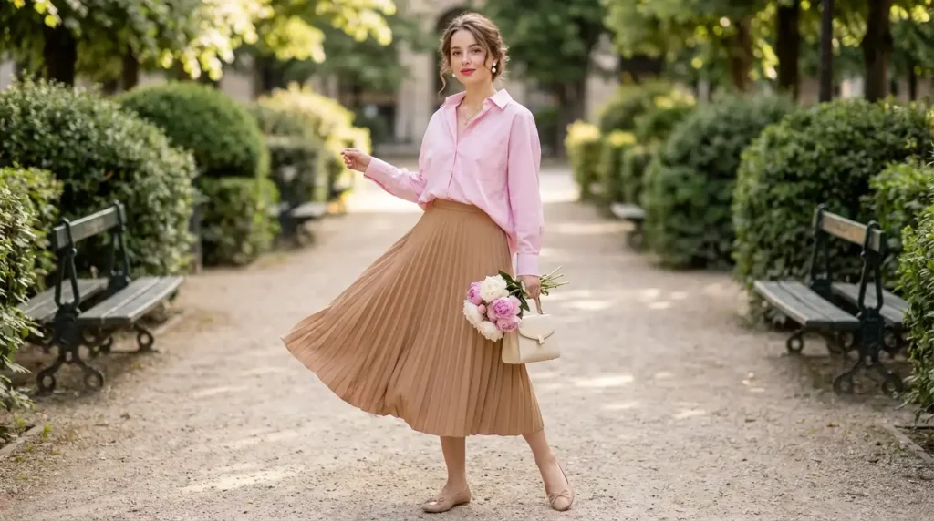 yourselflovehub.com outfit idea: Paris park look with oversized pink shirt and camel pleated midi skirt with ballet flats