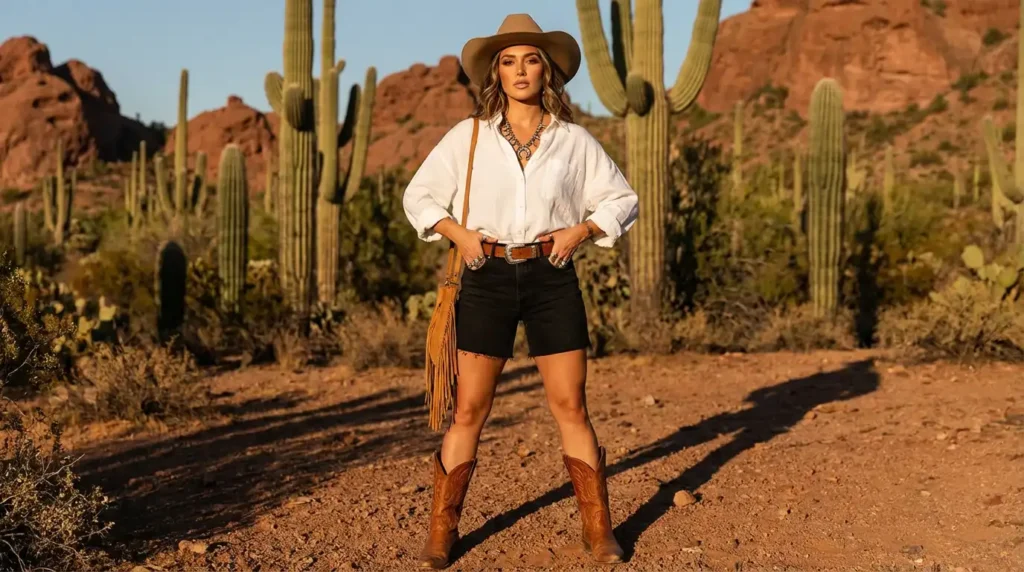 yourselflovehub.com outfit idea: Western-inspired styling with oversized white shirt, denim shorts, and cognac cowboy boots